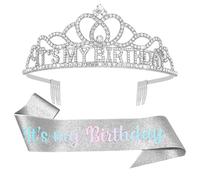 Padorul It’s my Birthday Silver Diamond Crown & Sash Set, Rhinestone Silver Princess Tiara Headband with Comb & Sparkle Sash Set for Birthday Party Queen Princess Decoration