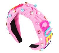 Padorul Pink BIRTHDAY QUEEN Wide Headbands for Women, Top Knotted Pearl Diamond Pink Hairband Non-Slip Accessories for Queen Birthday Party Decoration
