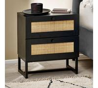 Padstow Bedside Cabinet - 2 Drawer - Black and Rattan