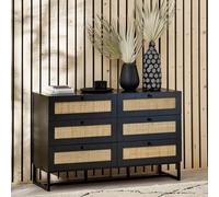 Padstow Chest of Drawers - 6 Drawer - Wide - Black and Rattan