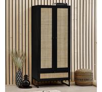 Padstow Double Wardrobe - 2 Door - 1 Drawer - Black and Rattan