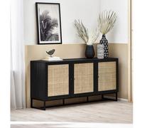 Padstow Large Sideboard - 160cm - 3 Doors - Black and Rattan
