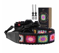 Padwa Lifestyle Colorful Crochet Camera Strap - 2" Full Grain Leather Ends Camera Straps for Photographers, Vintage Embroidered Cotton Soft Suede Fabric Padded Strap Quick Release fits All Cameras