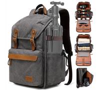 Padwa Lifestyle Gray Camera Backpack - Waxed Memory Canvas Camera Bag with 16” Laptop/Lens & Tripod Compartment, Multipurpose Camera Backpacks for Professional Photographers