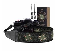 Padwa Lifestyle Green Sun God Camera Strap - 2" Full Grain Leather Ends Camera Straps for Photographers, Vintage Embroidered Cotton Soft Suede Fabric Padded Strap Quick Release fits All Cameras