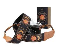 Padwa Lifestyle Helios Moon God Camera Strap -2" Double Layer Cowhide Ends Camera Straps for Photographers, Vintage Embroidered Cotton Weave Soft Padded Strap Adjustable fits All Cameras