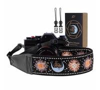 Padwa Lifestyle Night Sun God Camera Strap - 2" Full Grain Leather Ends Camera Straps for Photographers, Vintage Embroidered Cotton Soft Suede Fabric Padded Strap Quick Release fits All Cameras