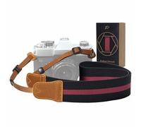 Padwa Lifestyle Stripes Red Black Camera Strap -Double Layer Crazy Horse Cowhide End,1.5" Wide Pure Cotton Woven Camera Straps,Adjustable Neck Shoulder Strap for Cameras,Gift for Photographers