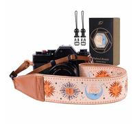 Padwa Lifestyle Tan Sun God Camera Strap - 2" Full Grain Leather Ends Camera Straps for Photographers, Vintage Embroidered Cotton Soft Suede Fabric Padded Strap Quick Release fits All Cameras
