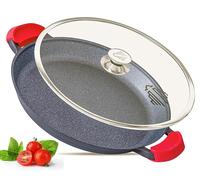 Paella Pan | Glass Lid |Non-Stick | Anti Scratch | Removable Silicone Handles | Ceramic Coating Chemical Free | Induction & Oven Safe | Heavy-Duty | Stainless-Steel Base (Black, 36 CM)