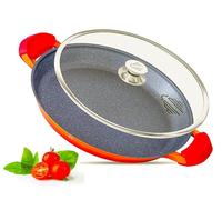 Paella Pan | Glass Lid |Non-Stick | Anti Scratch | Removable Silicone Handles | Ceramic Coating Chemical Free | Induction & Oven Safe | Heavy-Duty | Stainless-Steel Base (Orange, 36 CM)