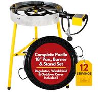 Paelluxe Complete Paella Pan Burner & Stand Set 12 Servings - Dual Propane - 18-Inch Steel Pan - Portable Gas Stove - Wok, Pots, Cast Iron - Ideal for Camping Grill, Backyard & Patio Cooking