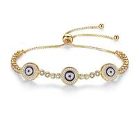 PAENENPH Elegant 14K Gold Turkish Style Triple Sapphire Moissanite Devil Eye Adjustable Bracelet Exquisite Lucky Jewelry Gift, Adjustable, Yellow Gold, Moissanite