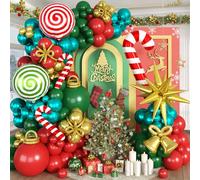 Paeyeq Christmas Balloon Garland Arch Kit, Xmas Red Green Gold Balloons Candy Cane Star Foil Mylar Balloons for Merry Christmas Ugly Sweater New Year Friendsmas Festival Birthday Party Decorations