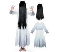PAFIGA Ghost Costume Adult Women Scary White Gothic Victorian Dress Black Long Wig Horror Costumes for Halloween Cosplay Party