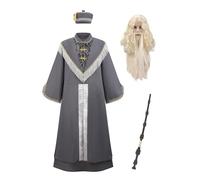 PAFIGA Wizard Costume Men Adult 5PCS Funny Halloween Grey Wizard Robe Costumes Deluxe Mens Cosplay Party Sorcerer Outfit Hat Wig Beard Wand