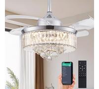 PAFRUMGE 36" Dimmable Fandelier Crystal Ceiling Fans with Lights and Remote, Modern Chandelier Ceiling Fan with Invisible Retractable Blades for Bedroom Living Room Polished Chrome