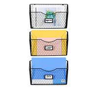 PAG 3 Pockets Mesh Metal Hanging File Holder Wall Mount Mail Organizer Magazine Rack with Tag Slot For Office Home School, Black
