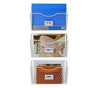 PAG 3 Pockets Mesh Metal Hanging File Holder Wall Mount Mail Organizer Magazine Rack with Tag Slot For Office Home School, White