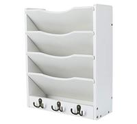 PAG 5-Tier Wall File Holder Hanging Mail Organizer Wood Magazine Letter Rack For Office Home School,Key Racks For Wall with 6 Hooks, White