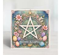 Pagan Ostara Cards - Celebrate the Spring Equinox with Unique Designs. A floral pentagram with pastel sping florals encompassing everything Ostara represents, rebirth and renewal