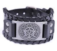 Pagan Triple Moon Goddess Pentagram Tree of Life Leather Bracelet for Men/Women Amulet Jewelry (Antique Silver,Black), Leather