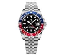 Pagani Design 1662 GMT Automatic Men's Watch NH34 Mechanical Men's Watch with Two Time Zones and Calendar Waterproof Stainless Steel Luminous Business Men's Watch(Blue red-5)