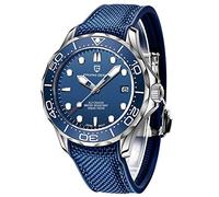 Pagani Design 1667 Men's Fashion Automatic Diving Watch NH35 Movement Rotating Ceramic Bezel Waterproof Nylon Rubber Business Sport Self-Winding Watch (Blue-Rubber)
