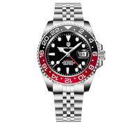 Pagani Design GMT Automatic Mechanical Men's Watch Rotating Ceramic Bezel Stainless Steel Watch with Date Function Men's Sport (Steel Belt Black Red-5)