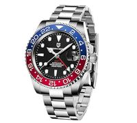 Pagani Design GMT Mechanical Men's Watch NH34 Movement Automatic Watch Ceramic Bezel Stainless Steel Automatic Watch Gift for Men(Bluish red-NH-3)