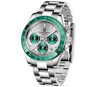 Pagani Design PD-1644 Quartz Men's Watch, Date, Sapphire Glass, 316L Stainless Steel, Ceramic Bezel, VK63 Movement, Waterproof Watch, Waterproof Men's Sports Chronograph Watch, Silver Green 1644-LP
