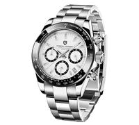 Pagani Design PD-1644 Quartz Men's Watch, Date, Sapphire Lens, 316L Stainless Steel, Ceramic Bezel, VK63 Movement, Water Resistant Watch, Men's Sport Waterproof Chronograph Watch, Silver White 1644-LP