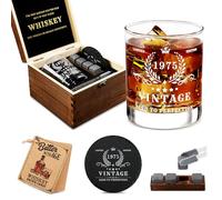 Pagather 50th Birthday Gifts for Men - Vintage 1975 Whiskey Glass Set, 50 Years Old Anniversary Ideas for Him, Dad, Husband, Include Wood Box, Recipe, Stones, Coaster, Stone Holder, Clamp