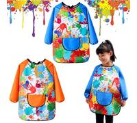 Pagezol 2PCS Kids Art Aprons for Age 7-12 Years Girls Boys, Waterproof Graffiti Aprons Long Sleeves with Pockets, Kids Painting Smock Toddler Children, Play Apron for Craft, School