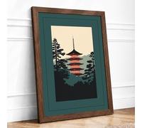 Pagoda Among the Trees Japandi Framed Wall Art Print A1 (84.1×59.4cm) Walnut, Wall Decor for Living Room, Bedroom, Office & Home, Ready to Hang, Art Gift