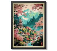 Pagoda At Mount Yoshino Anime Woodblock Poster Modern Ukiyo-E, Japanese Cartoon Illustration Print, Archival Matte, A5 (Black Frame) - 21x14.8cm
