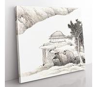 Pagoda by Gong Xian Asian Japanese Canvas Wall Art Print Ready to Hang, Framed Picture for Living Room Bedroom Home Office Décor, 50x50 cm (20x20 Inch)