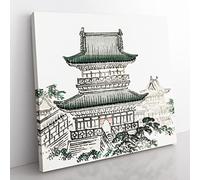 Pagoda by Kono Bairei Asian Japanese Canvas Wall Art Print Ready to Hang, Framed Picture for Living Room Bedroom Home Office Décor, 50x50 cm (20x20 Inch)
