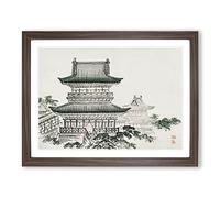 Pagoda By Kono Bairei Asian Japanese Framed Wall Art Print, Ready to Hang Picture for Living Room Bedroom Home Office Décor, Walnut A3 (46 x 34 cm)