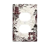 Pagoda Duplex Outlet Covers Wall Plate, Japanese Traditional Cherries Blossom Torii Gate Spring Red Plastic Standard Size Double Power Outlet Cover Plate for Bedroom Bathroom Kitchen Entrance Decor