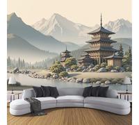 Pagoda Temple Mountain Range Silk Wall Mural Decoration Poster Picture Photo Wallpaper 250x175cm, Japanese Landscape Painting Wall Mural Decoration, Multi-Colored Paper for Living Room Bedroom Kitchen