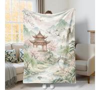 Pagoda Throw Blanket, Asian Natural Cherries Blossom Mountain Spring Green Fuzzy Blanket Compact Decorative Aesthetic for Couch Sofa Bed Office Desk Living Room 50x60 Inch