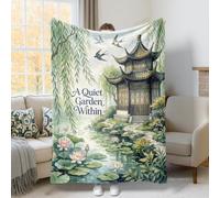 Pagoda Throw Blanket, Oriental Natural Water Lily Trees Spring Green Plush Blanket Lightweight Compact Aesthetic for Couch Sofa Bed Chair Car Office Desk 60x80 Inch