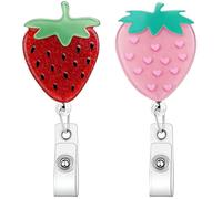 PAGOW 2 Pcs Personalized ID Name Badge Holder with Retractable Clip, Cute Work Badge Clip, Funny Strawberry Badge Reel Retractable
