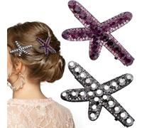 PAGOW 2 Pcs Starfish Hair Clips, Rhinestone Hair Clips, Faux Crystal Sea Star Wedding Headpiece Hair Accessories For Women Bride (Black, Purple)