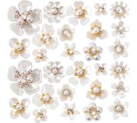 PAGOW 28pcs Flower Rhinestone Pearl Buttons, 14 Styles Sparkly Faux Pearl Flatback Floral Craft Embellishments, Flower Charm Fancy Buttons Decorative Accessories for Wedding Party Home Hair - White