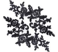 PAGOW 2pcs Embroidery Sequin Lace Applique, Black Lace Floral Embroidered Applique Patches, Sewing on Wedding Appliques Embellishments Trim Patches for Bridal Dress, Clothes, Crafts, Decoration