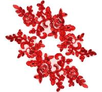 PAGOW 2pcs Embroidery Sequin Lace Applique, Red Lace Floral Embroidered Applique Patches, Sewing on Wedding Appliques Embellishments Trim Patches for Bridal Dress, Clothes, Crafts, Decoration