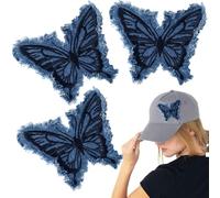 PAGOW 3 Pcs Butterfly Iron on Patches for Clothes, Denim Butterfly Applique Patches with Fringe, Cute Embroidered Butterflies Embellishment for Jeans Bags Repair Sewing Decoration - Blue