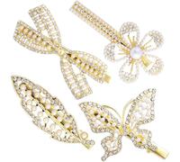 PAGOW 4 Pcs Pearl Hair Clips Leaf Bow Butterfly Flower Bobby Hairpins Glitter Crystal Rhinestone Barrettes Handmade Metal Jewelry Wedding Prom Valentines Birthday Accessories